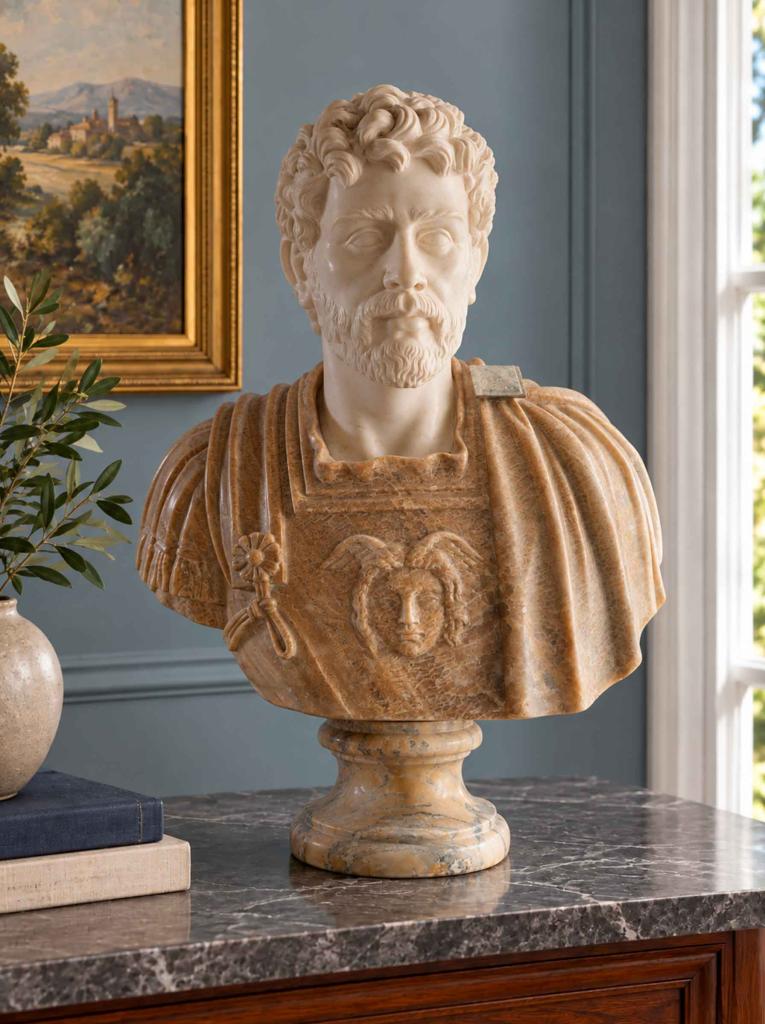 Busto di Adriano Imperatore in marmo bianco con stalattiti del Carso materiale antico con basetta in marmo verde
