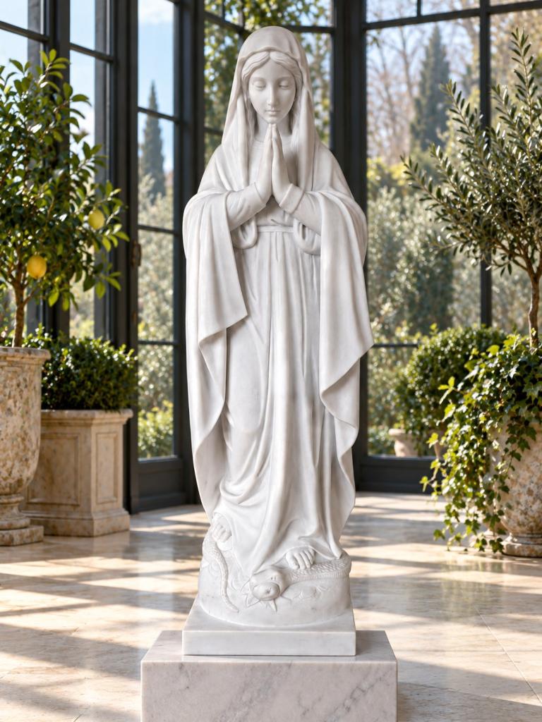 Madonnina velata in preghiera in marmo bianco di Carrara alta 75 cm