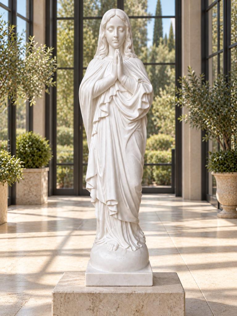 Madonnina a capo scoperto in preghiera in marmo bianco statuario alta 78 cm