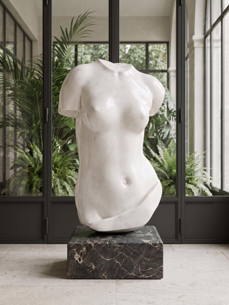 Torso femminile in marmo bianco statuario lucidato su base in Portoro in un giardino d’inverno
