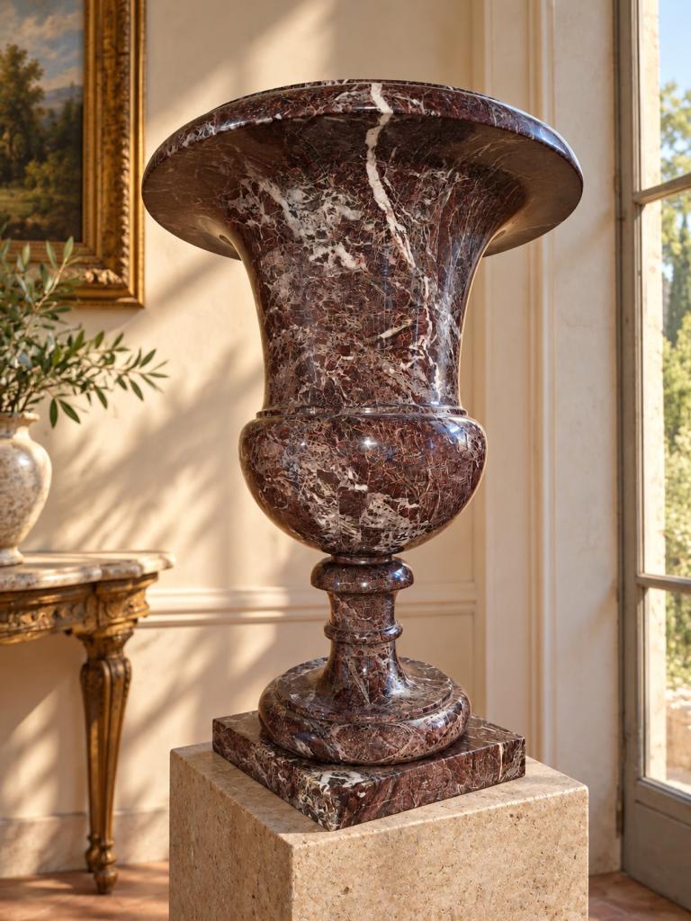Vaso stile Mediceo in marmo Rosso Levanto con bocca svasata e base quadrata
