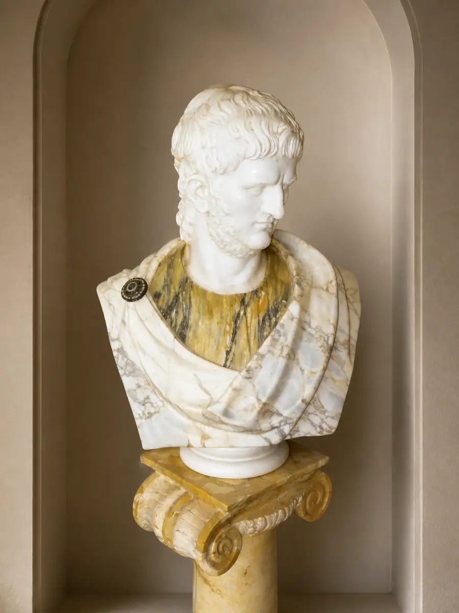 Il busto dell'imperatore Nerone combina un ritratto chiaro con una veste dalle venature gialle e un ampio panneggio