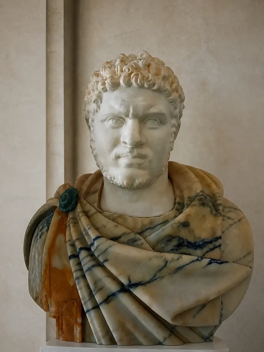 Il busto raffigura l'imperatore romano Caracalla con espressione severa, corona e abbigliamento militare