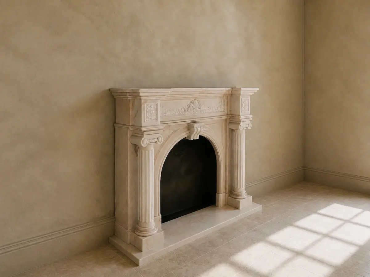 Il caminetto è affiancato da colonne classiche e presenta un'apertura ad arco ribassato