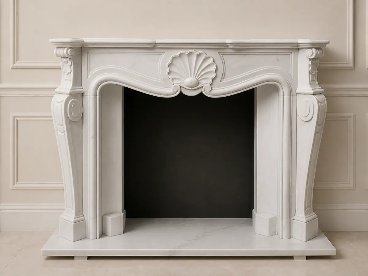 Il caminetto in marmo bianco statuario è definito da un'apertura sagomata e da una conchiglia centrale