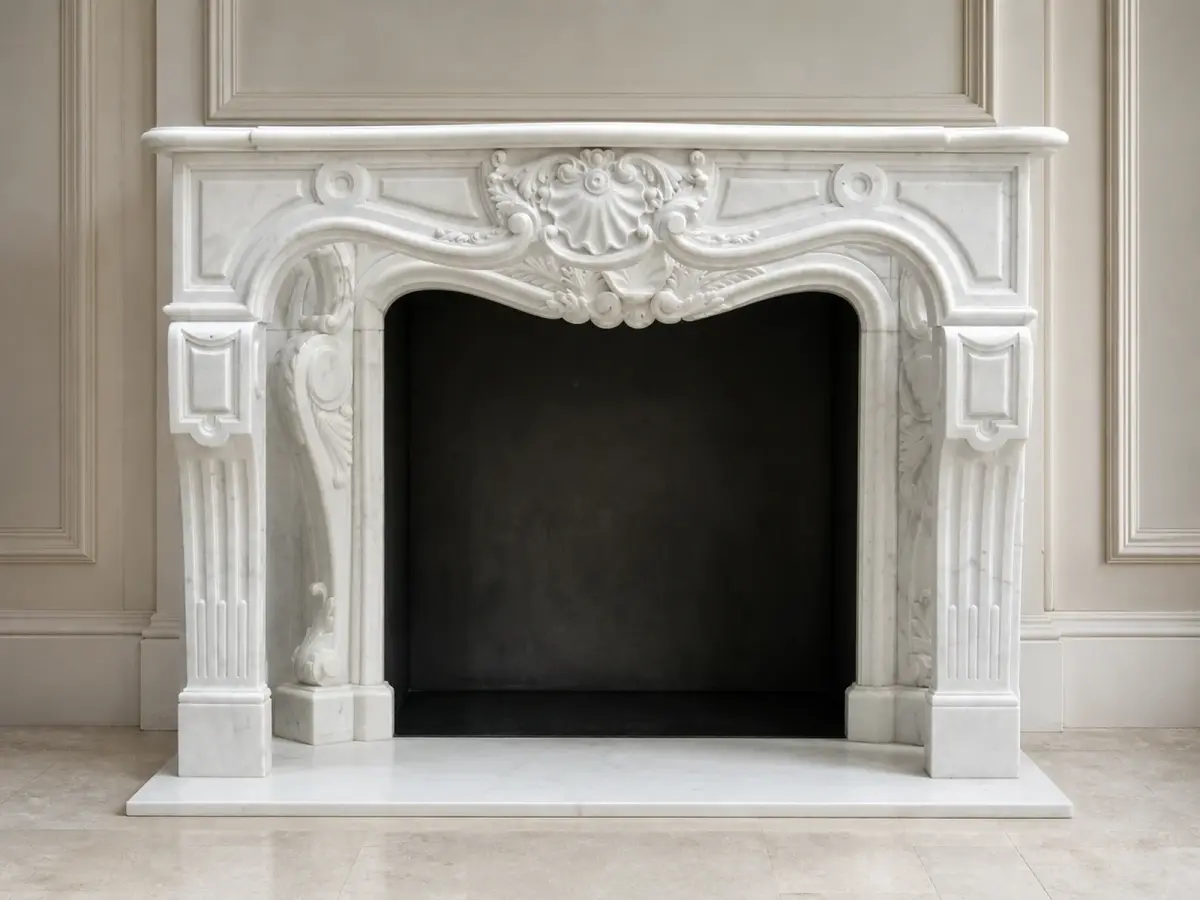 Il caminetto in marmo bianco presenta un'apertura sagomata, una conchiglia centrale e pannelli decorativi sui montanti