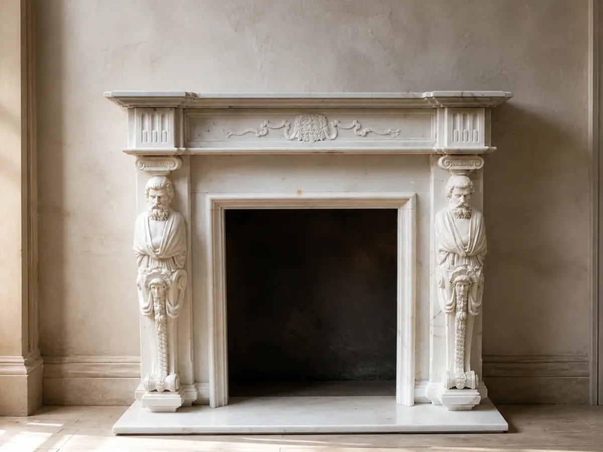 Il caminetto in marmo bianco statuario puro è concepito come una composizione scultorea