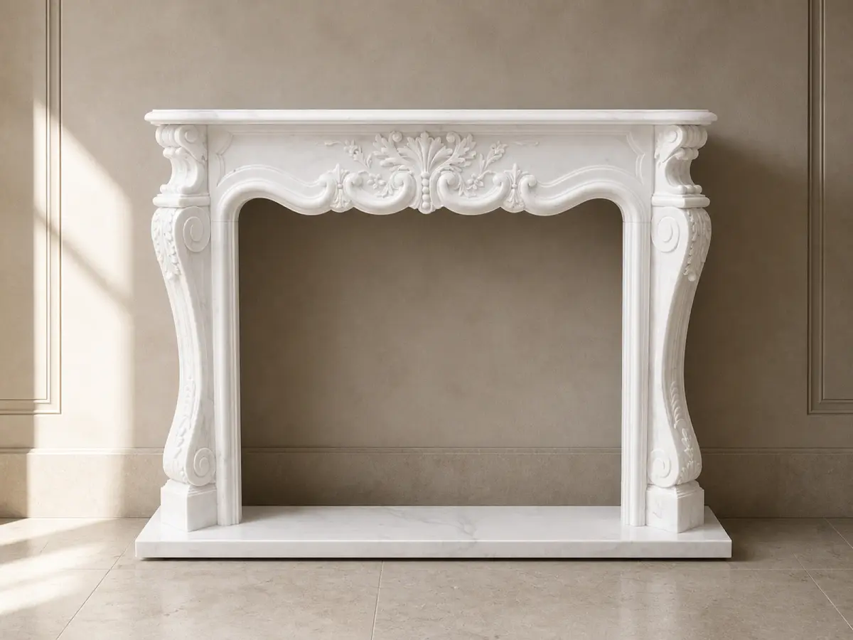 Cornice classica da camino in marmo bianco statuario levigato