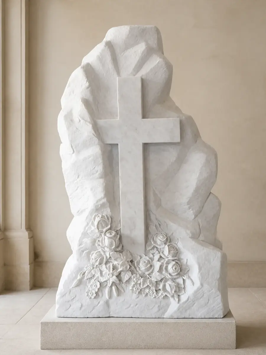 Cippo con croce e fiori in marmo, con croce in rilievo su roccia scolpita con rose alla base