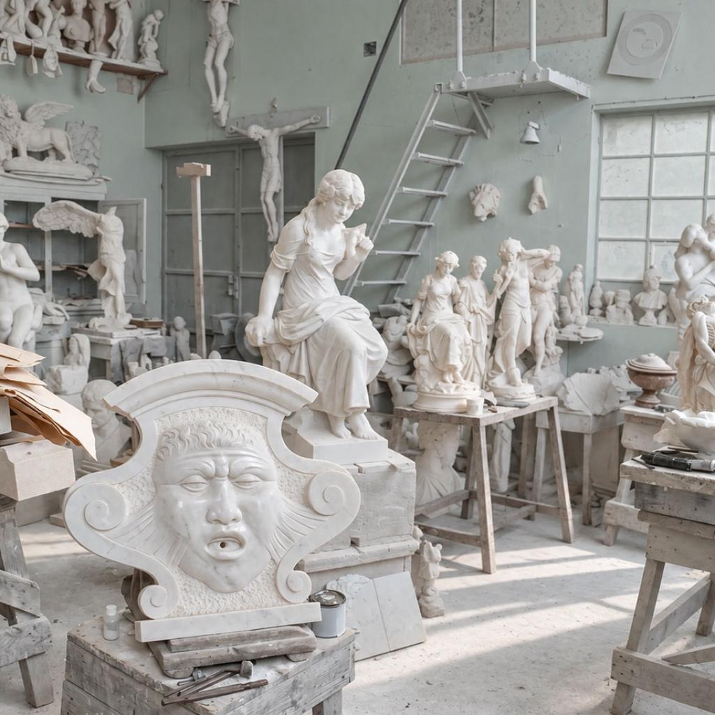 Opere in lavorazione nel laboratorio Bertoni: mascherone in marmo, statue e una Pietà
