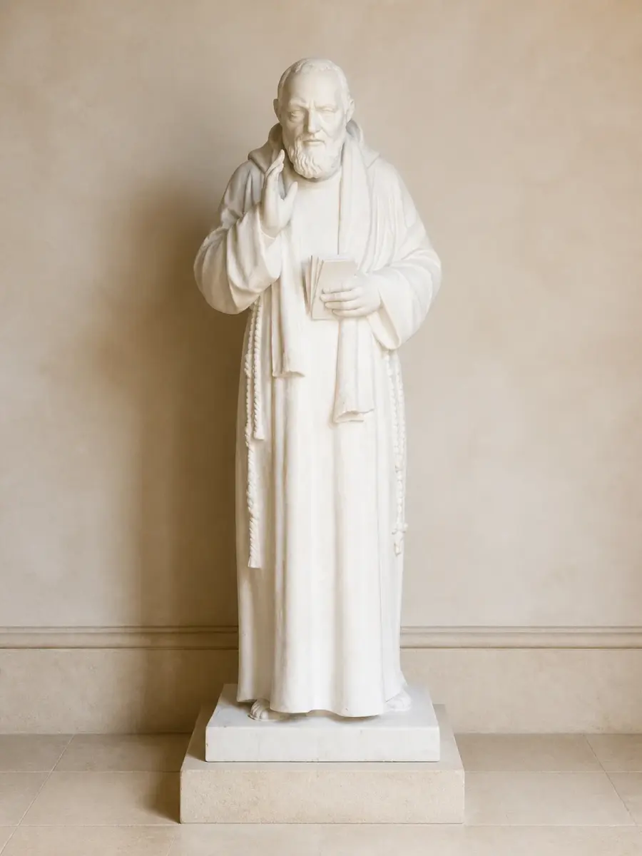 Padre pio in marmo bianco carrara, con figura in abito religioso con rosario e libro tra le mani