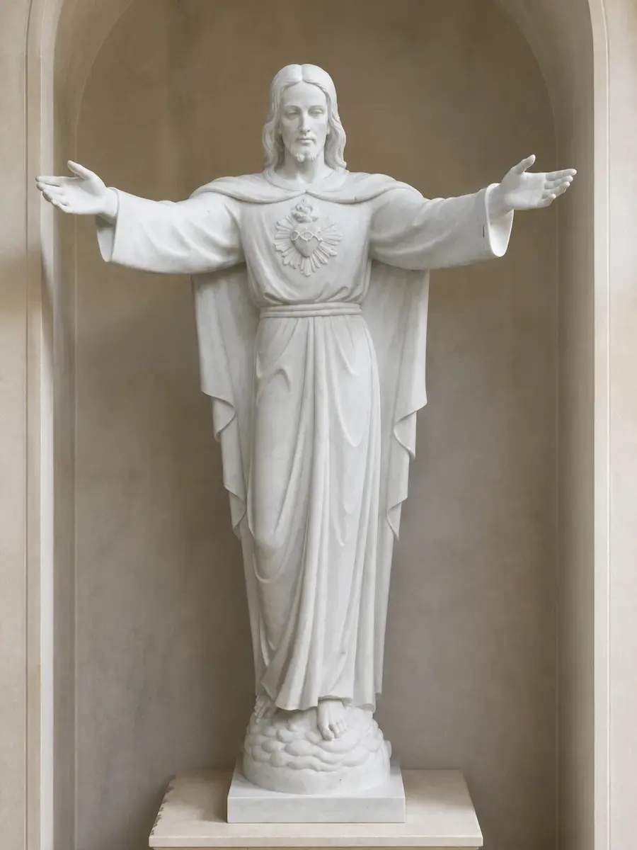 Cristo redentore a braccia aperte in marmo bianco, con figura frontale con braccia distese, veste lunga ed emblema sul petto