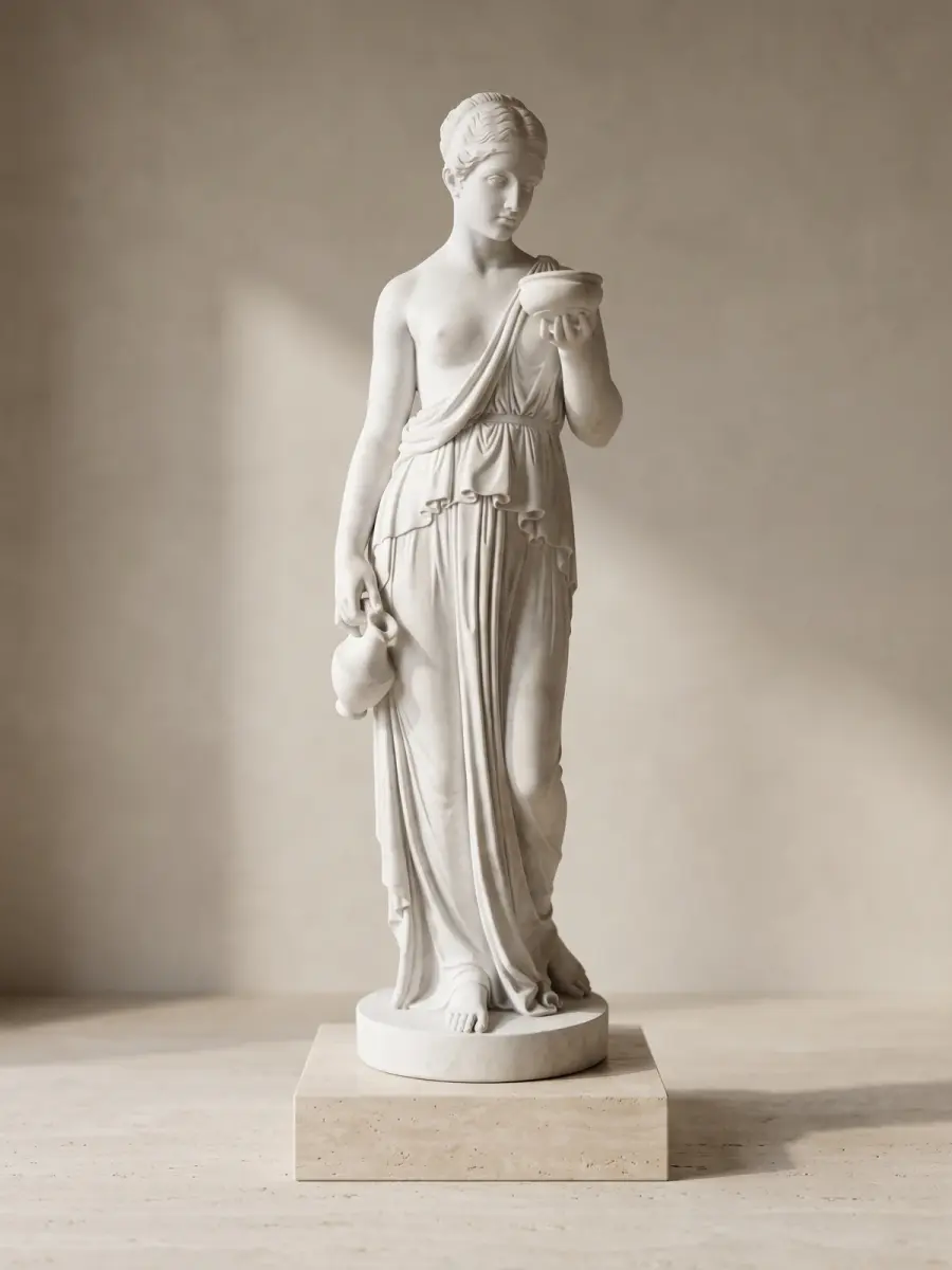 Statua ebe di thorvaldsen in marmo bianco, con figura femminile panneggiata che regge una coppa e una brocca
