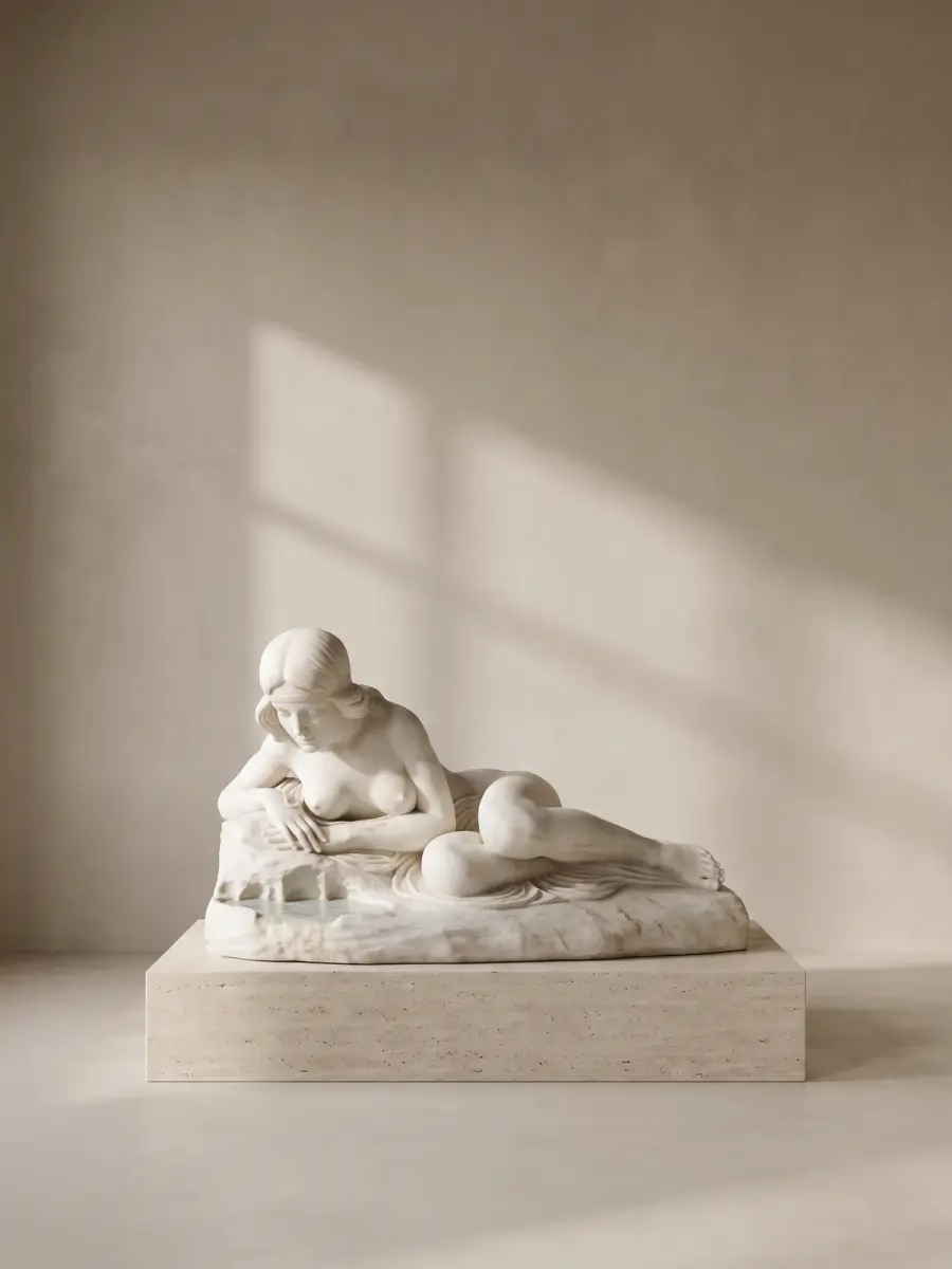 Venere al bagno in marmo bianco, con figura femminile distesa su un basamento con superficie scolpita
