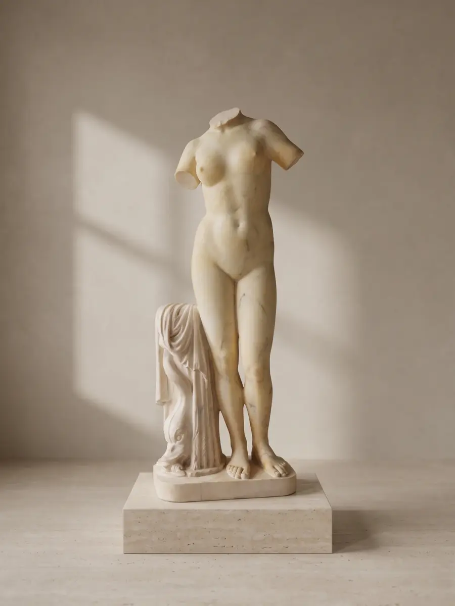 Venere di cirene in marmo bianco anticato, con figura femminile acefala con panneggio appoggiato al sostegno laterale